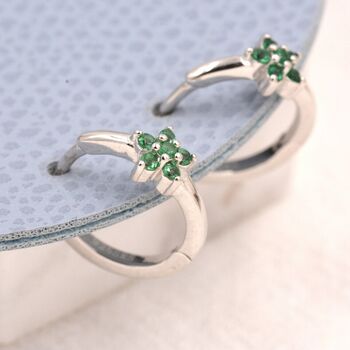 Emerald Green Cz Flower Huggie Hoop Earrings, 3 of 12