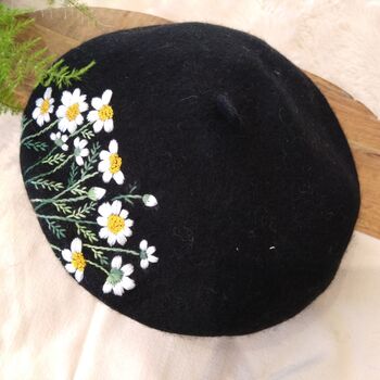 Black Beret Hat With Hand Embroidery Flower, 6 of 6