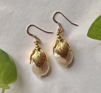 The Agatha Earrings Baroque Freshwater Coin Pearl Bridal Leaf Earrings, 10 of 10