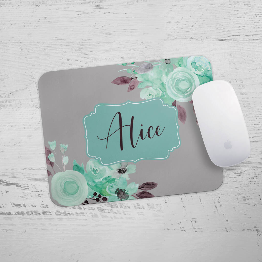 Personalised Grey And Teal Floral Watercolour Mouse Mat