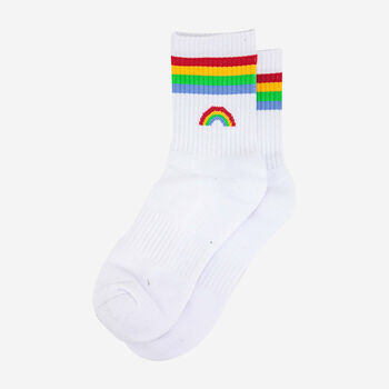 Rainbow Striped Sporty Ribbed Cotton Ankle Socks Women's White, 4 of 4