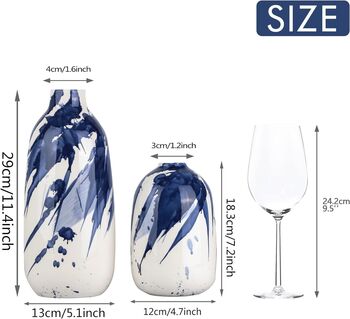 Set Of Two Blue White Ceramic Vases Glazed, 2 of 5