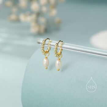 Sterling Silver Natural Freshwater Pearl Pebble Huggie Hoop Earrings, 3 of 11