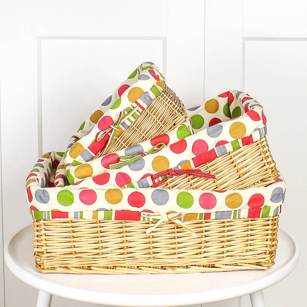 rattan multi polka dot lined storage baskets by marquis & dawe