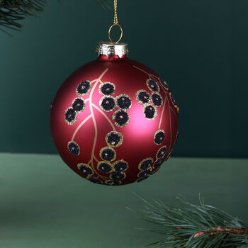 G Decor Hand Painted Glass Christmas Bauble Hanging Decoration Winter Berry Branch Or Golden Poinsettia Red, 4 of 4