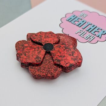 Remembrance Day Poppy Brooch Red Glitter Resin, 4 of 4