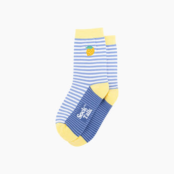 Embroidered Lemon Striped Combed Cotton Socks In Blue, 3 of 4