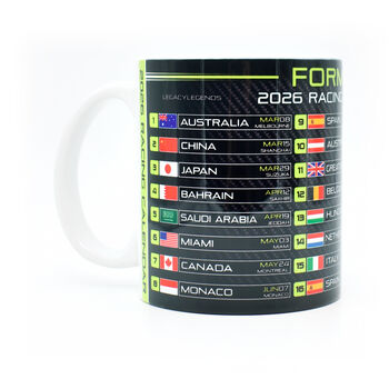 Formula 2026 Racing Calendar Mug Neon Green Edition, 3 of 3