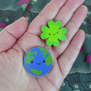 Happy Planet Earth Kawaii Wooden Pin Or Brooch, 2 of 6