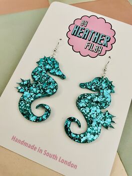 Teal Large Seahorse Glitter Resin Earrings, 4 of 4