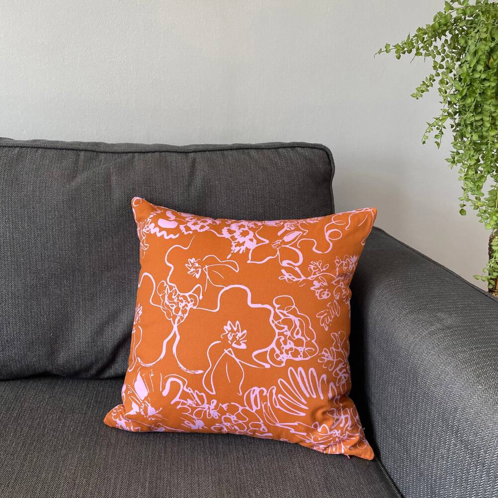 Spring Ochre And Pink Floral Sketch Cushion, 1 of 9