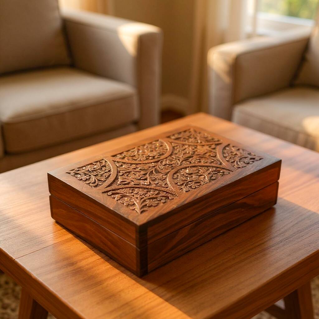 Wooden 5th Anniversary Gift For Her; Floral Daisy Carved Wooden Box, 1 of 7