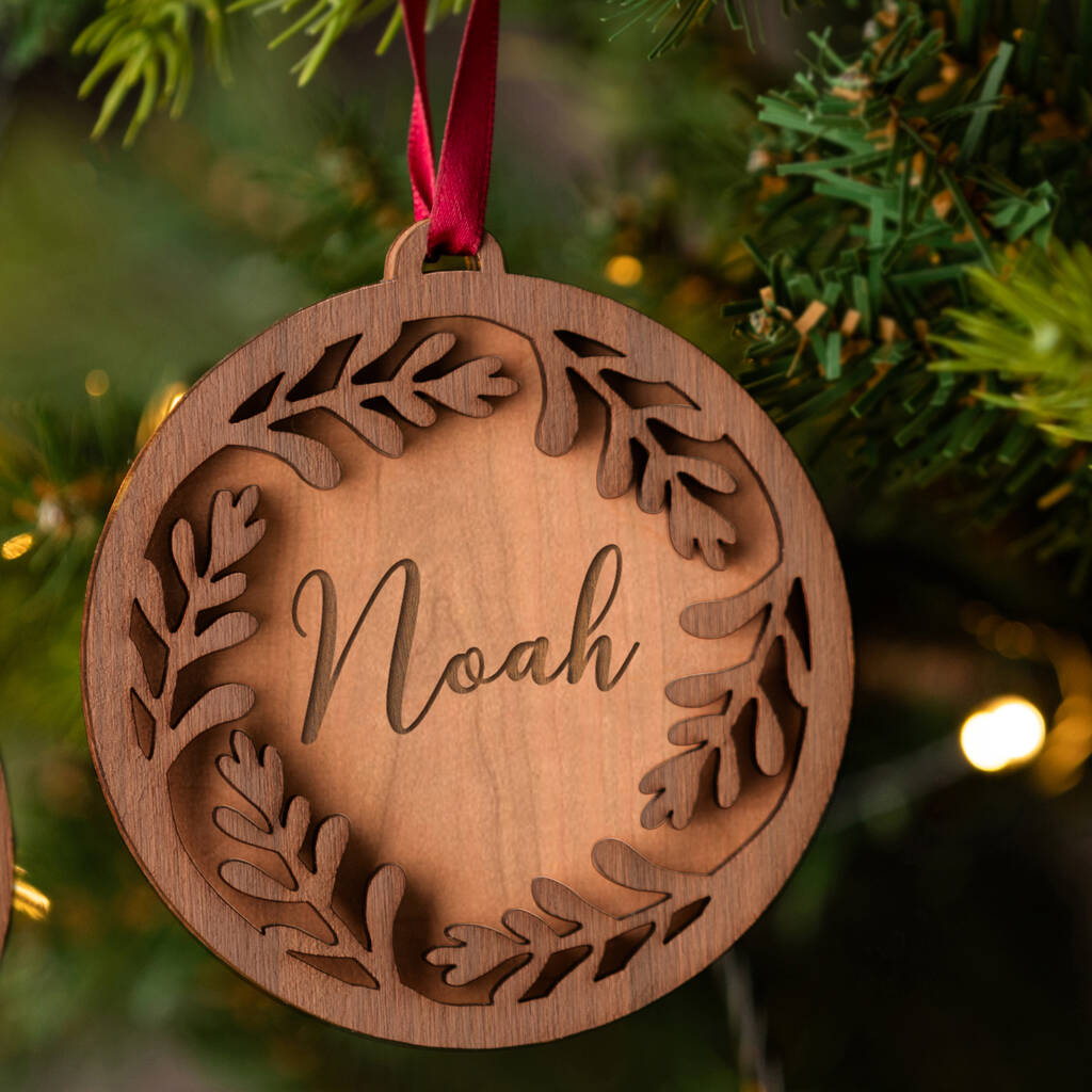 Personalised Name Wood Wreath Christmas Bauble By Dust and Things