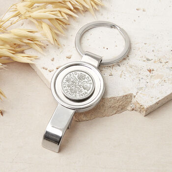 70th Birthday 1955 Or 1956 Sixpence Bottle Opener Keyring, 2 of 7