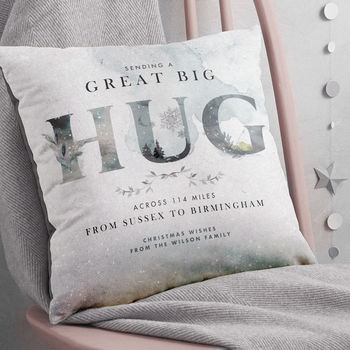 Personalised 'Hug Across The Miles' Winter Cushion, 6 of 7