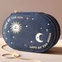 Sun And Moon Embroidered Oval Jewellery Case In Navy, thumbnail 1 of 4