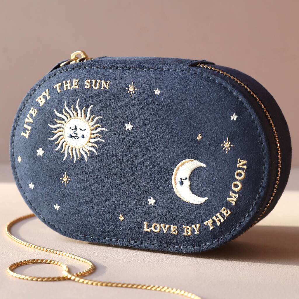 Sun And Moon Embroidered Oval Jewellery Case In Navy, 1 of 4