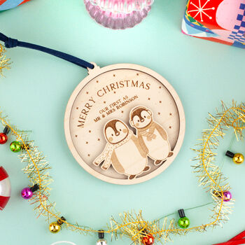 Personalised Couples Penguin Christmas Tree Decoration, 6 of 6