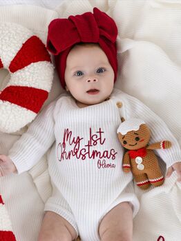 My First Christmas Embroidered Personalised New Baby Knitted Romper, 3 of 11