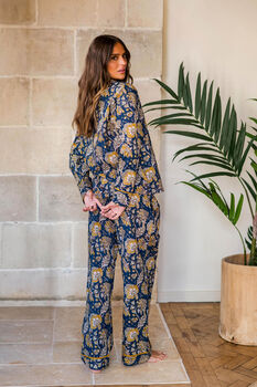 Indian Cotton Midnight Marigold Print Pyjama Set, 2 of 4