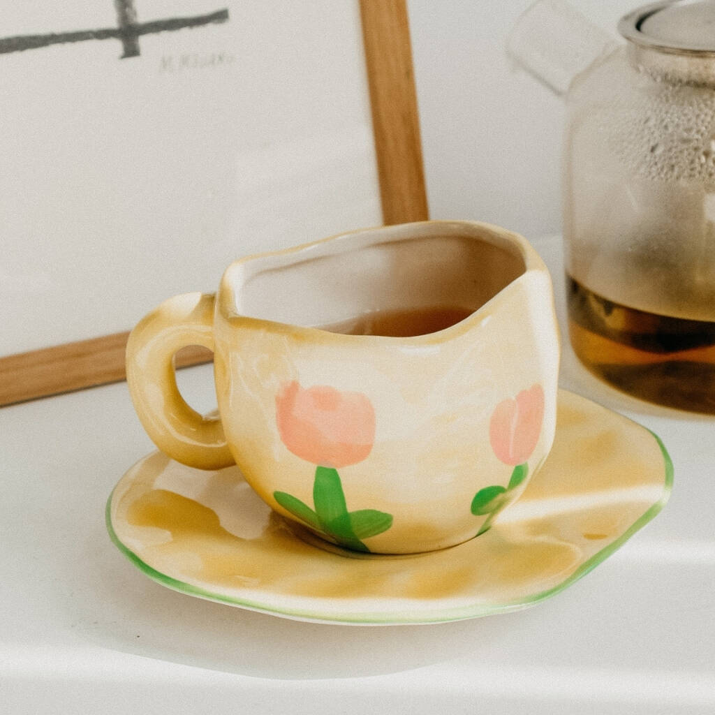 Yellow Tulip Flower Irregular Coffee Mug And Saucer, 1 of 2