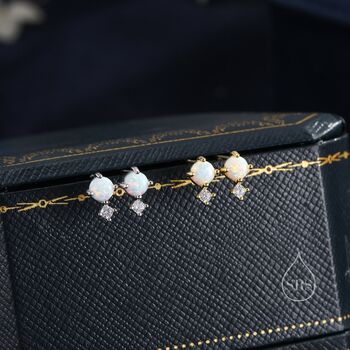 Sterling Silver Tiny Cz And White Opal Stud Earrings, 5 of 11