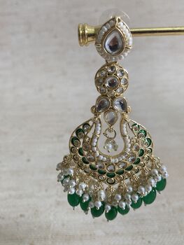 Meenakari Green Gold Plated Dangle Indian Earrings, 2 of 8