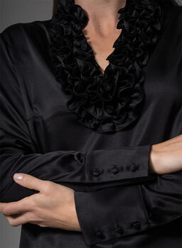 Constance Black Ruffle Collar Silk Satin Evening Blouse, 4 of 4