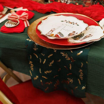 Green And Gold Holly Leaves Muslin Christmas Table Runner 3m, 3 of 3