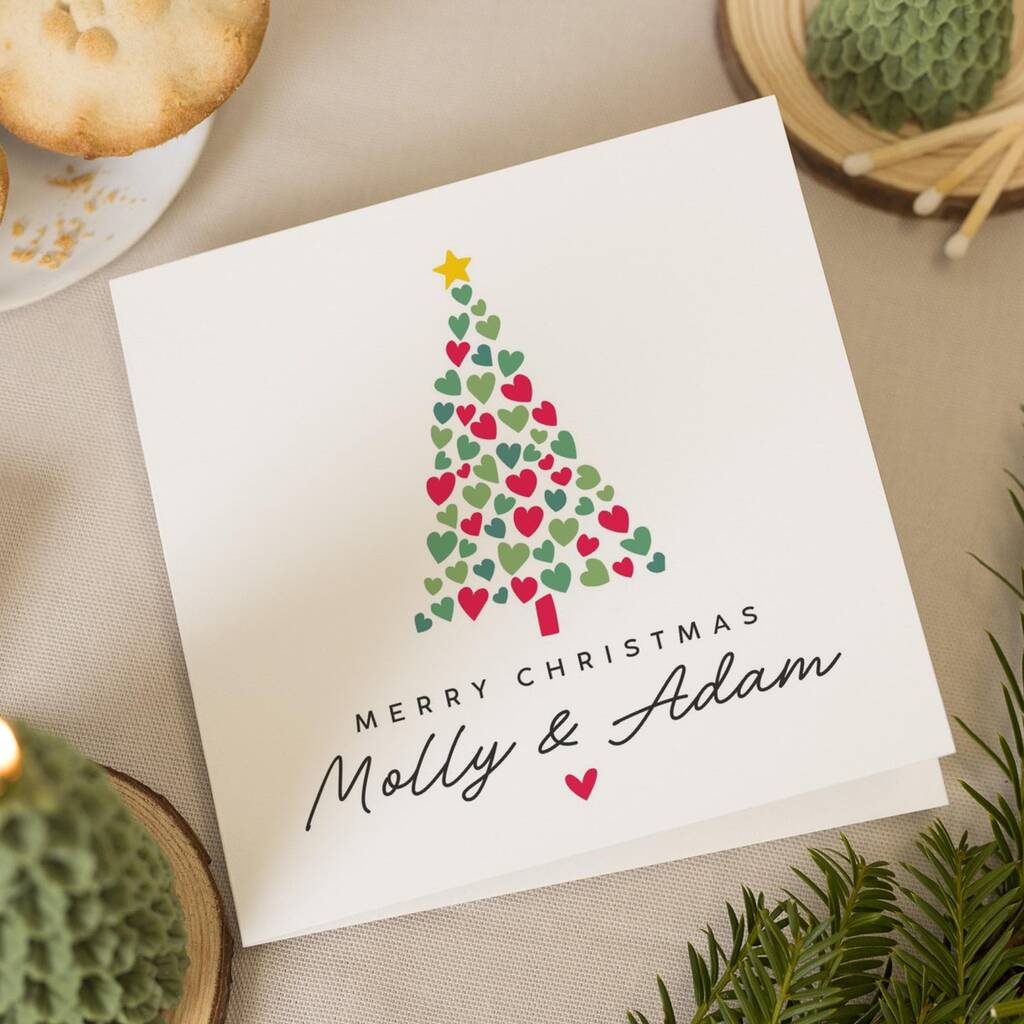 Personalised Heart Tree Christmas Card For Couple, 1 of 6
