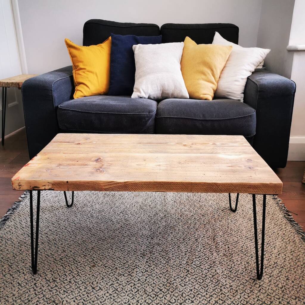 Reclaimed Wood Coffee Table With Hairpin Legs By Plane & Sanded