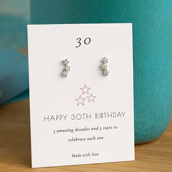 30th Birthday Sterling Silver Three Star Sparkle Stud Earrings, 2 of 8
