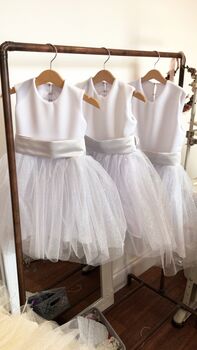 White Glitter Tutu Flower Girl Dress With Silver Bow And Heart Back Wedding And Special Occasion Dress For Girls, 2 of 6