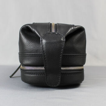 Black Leather Open Top Wash Bag With Gunmetal Zips, 5 of 7