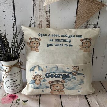 Personalised Teddy Bear Pocket Pillow, Kids Reading Cushion, 2 of 2