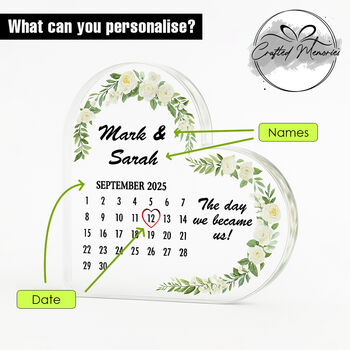 Personalised Wedding Calendar Acrylic Heart Plaque With Name, 9 of 12