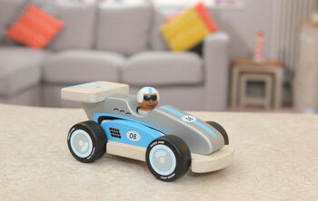 Quality Wooden Retro Silver Racing Car With Driver, 3 of 5