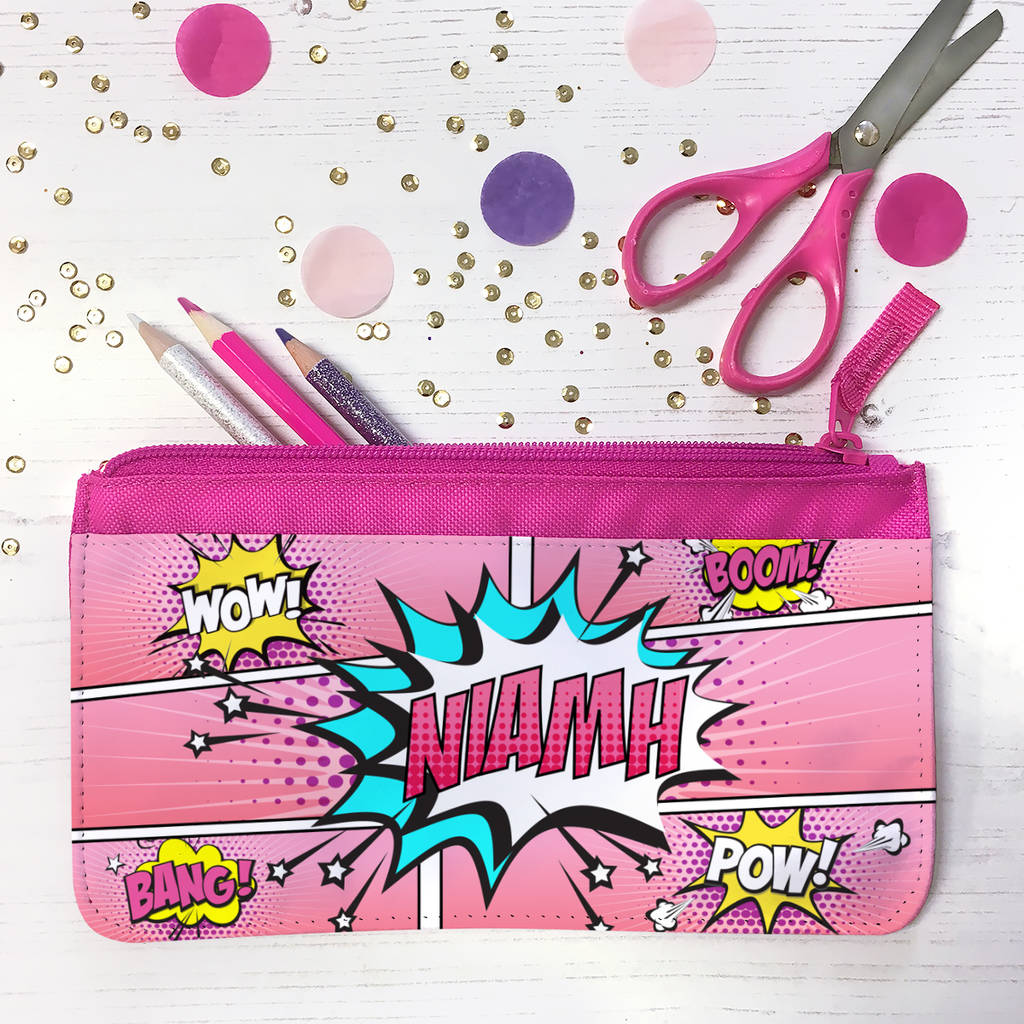 Personalised Pink Comic Style Fabric Pencil Case, 1 of 9