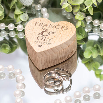 First Names Engraved Wooden Heart Wedding Ring Box, 2 of 2