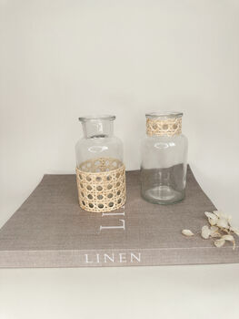 A Pair Of Vintage Rattan Glass Vases, 2 of 4
