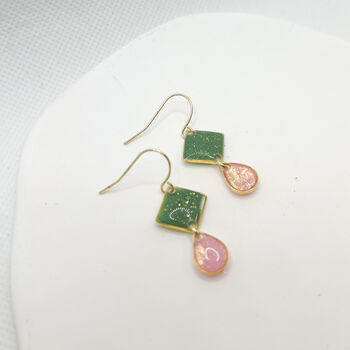 Green And Pink Geometric, Dainty Drop Earrings, 6 of 9