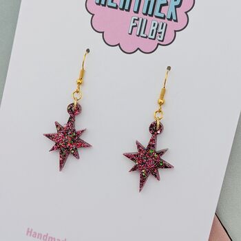 Red Sparkly Festive Star Glitter Christmas Earrings, 3 of 5