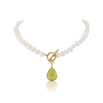 Mustique White Pearl Necklace With Aqua Chalcedony Drop, 5 of 6