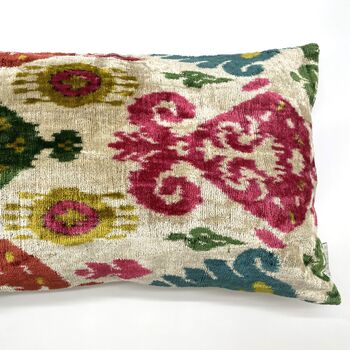 Oblong Velvet Ikat Cushion Pink And Green Modern, 3 of 9