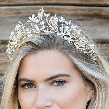 Darcie Gold Plated Crystal And Pearl Floral Tiara, 2 of 7
