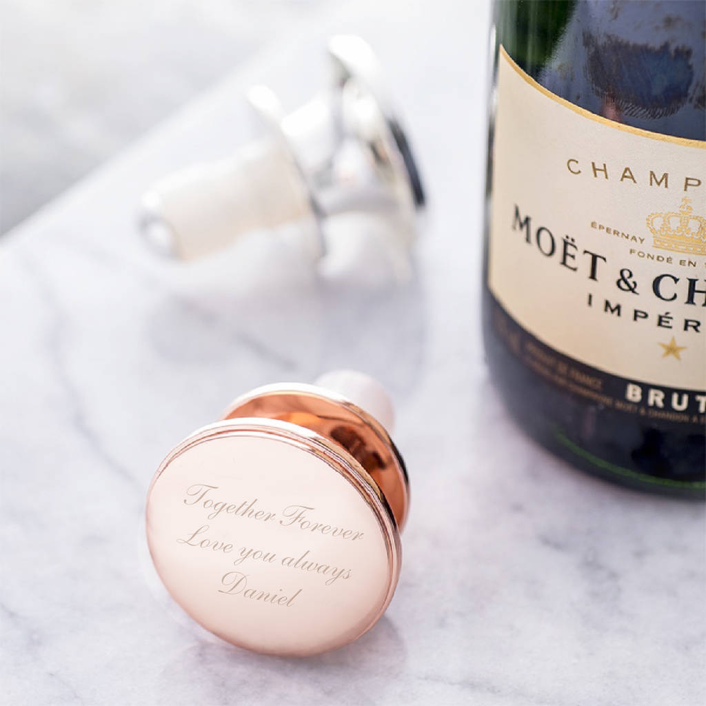 personalised rose gold wine bottle stopper by bloom boutique