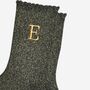 Women's Glitter Socks Black Gold Initial 'E', thumbnail 3 of 5