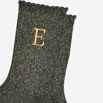 Women's Glitter Socks Black Gold Initial 'E', 3 of 5