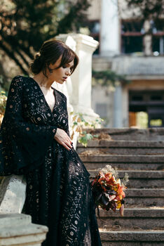 Black Lace Wedding Dress With Bell Sleeves And Train, 9 of 12