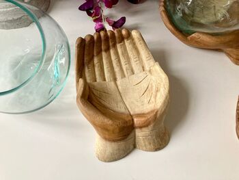 19cm Double Hand Hope Molten Glass Bowl On Teak Root, 4 of 9